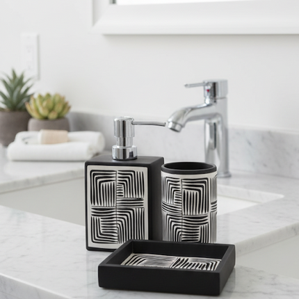 Set 3 piese accesorii de baie alb-negru geometric