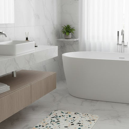 Covoras baie, SANITARY, imitatie casmir, 40x60 cm, alb cu imprimeu mozaic, Dreptunghiular