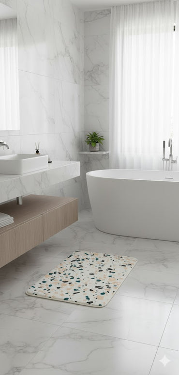 Covoras baie, SANITARY, imitatie casmir, 40x60 cm, alb cu imprimeu mozaic, Dreptunghiular