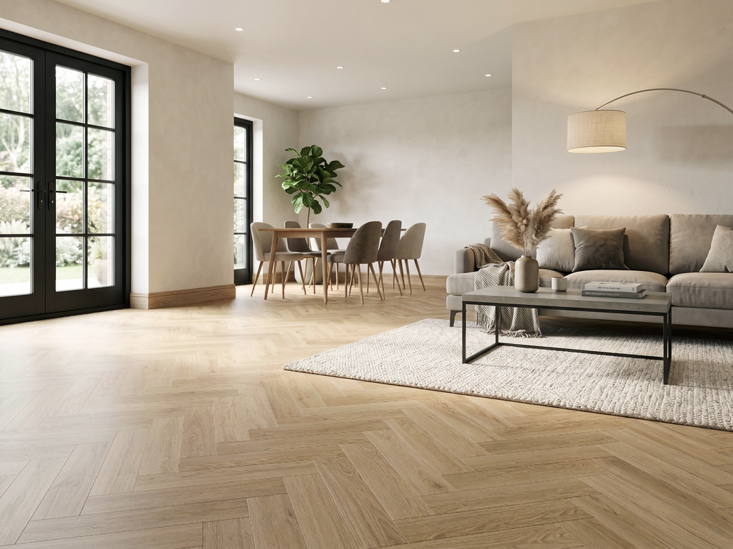 Parchet SPC Herringbone Cream Oak 103 – 625x127x6.5 mm