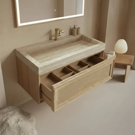 Set Mobilier Baie din Lemn Natur cu Oglindă LED – Design Modern & Premium