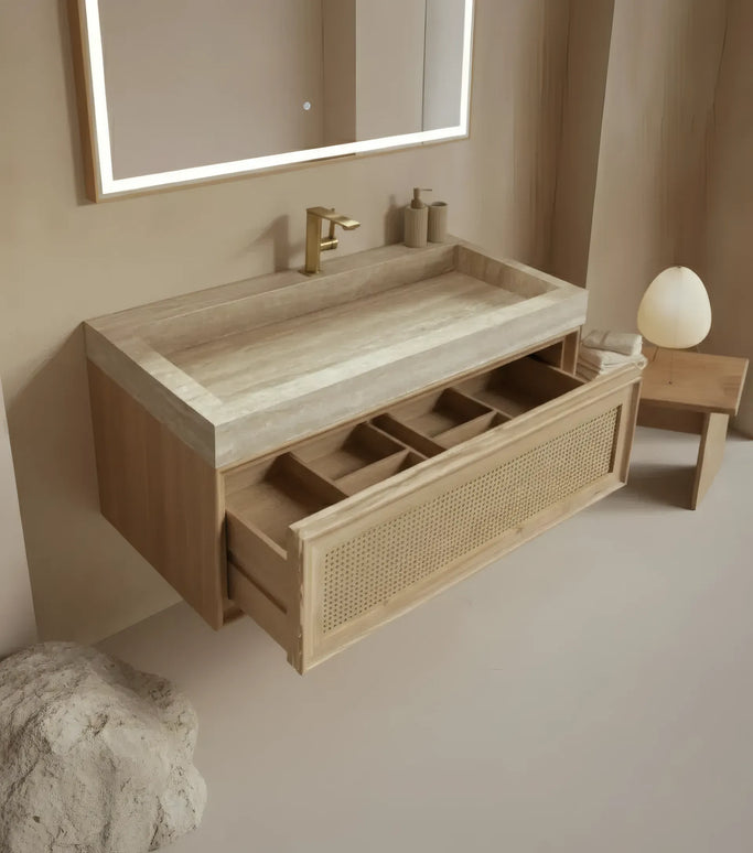 Set Mobilier Baie din Lemn Natur cu Oglindă LED – Design Modern & Premium