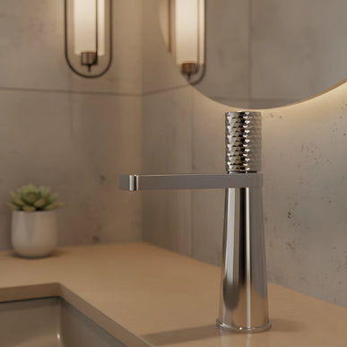 Baterie lavoar crom lucios cu textură ciocănită – design contemporan din alamă solidă