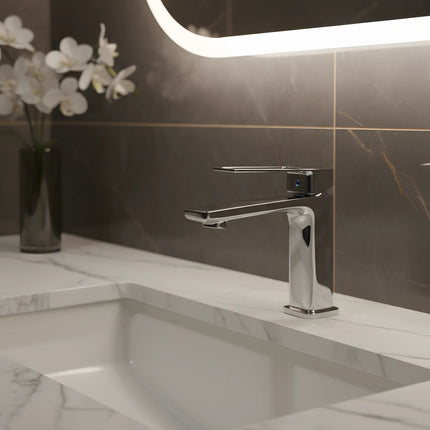 Baterie lavoar modernă – finisaj crom lucios, design premium