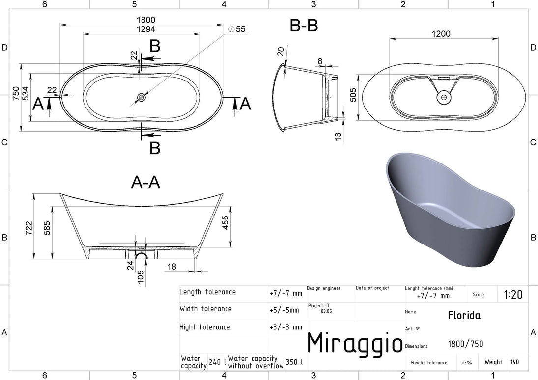 Cadă din compozit, lucioasă Florida Miraggio