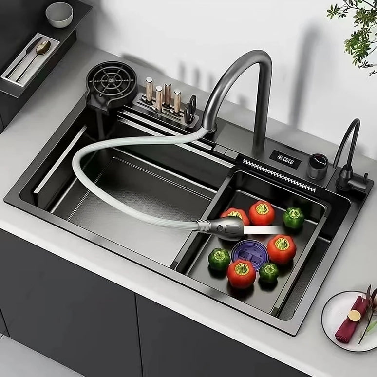 Chiuvetă Bucătărie Multifuncțională 7546HMSF – Gri Gun Metal, Cu Tocător, Dozator și Afișaj Digital www.olivy.ro