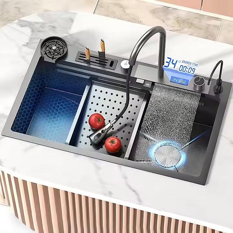 Chiuvetă Bucătărie Multifuncțională 7546HMSF – Gri Gun Metal, Cu Tocător, Dozator și Afișaj Digital www.olivy.ro