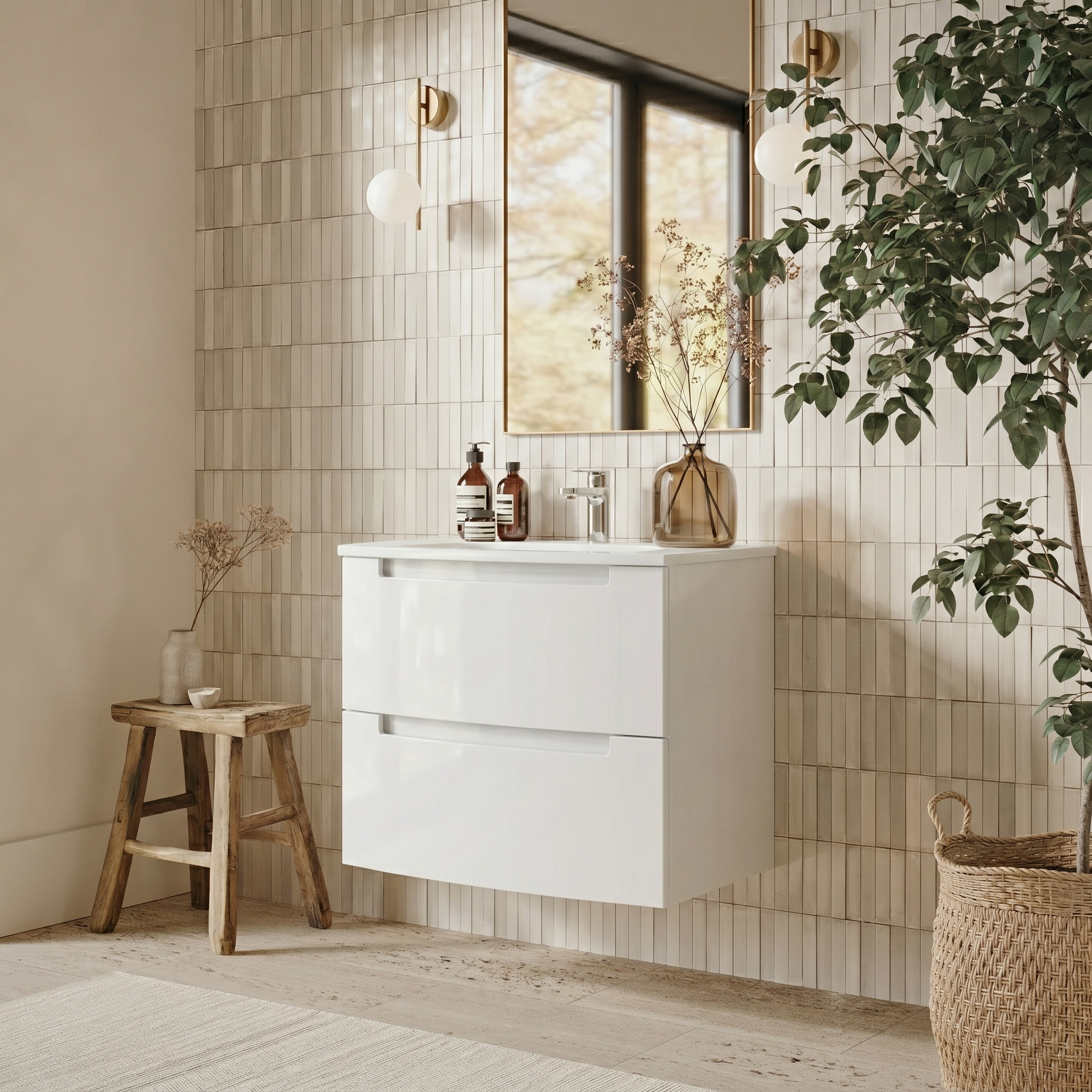 Mască baie suspendată Headway cu lavoar ceramic – Alb lucios