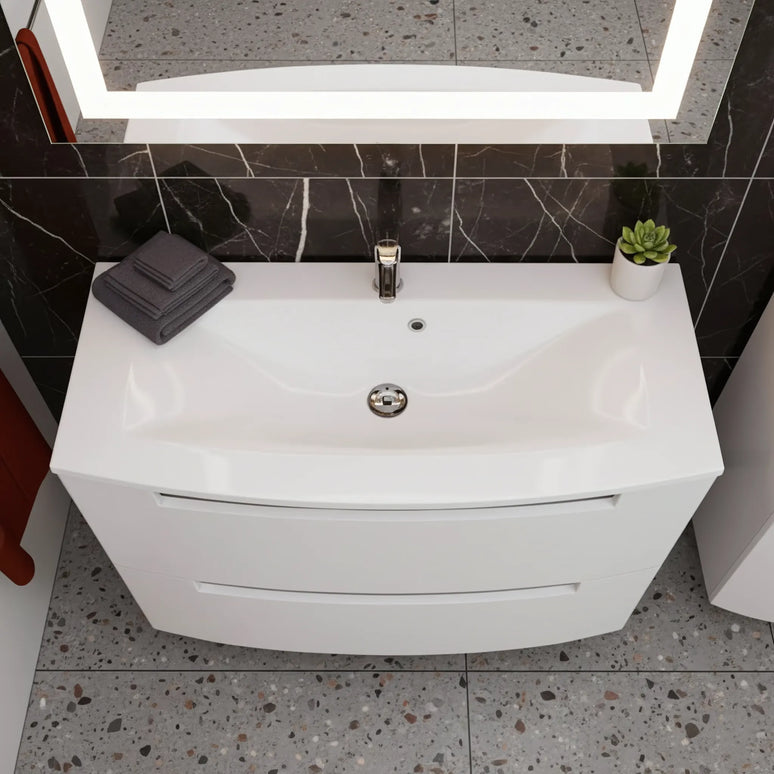 Mască baie suspendată Headway cu lavoar ceramic – Alb lucios