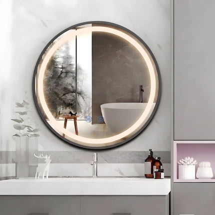 Oglindă LED Rotundă 70 cm J129 cu Ramă Neagră, Touch, Dezaburire și 3 Tipuri de Lumină