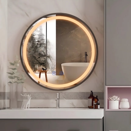 Oglindă LED Rotundă 70 cm J129 cu Ramă Neagră, Touch, Dezaburire și 3 Tipuri de Lumină