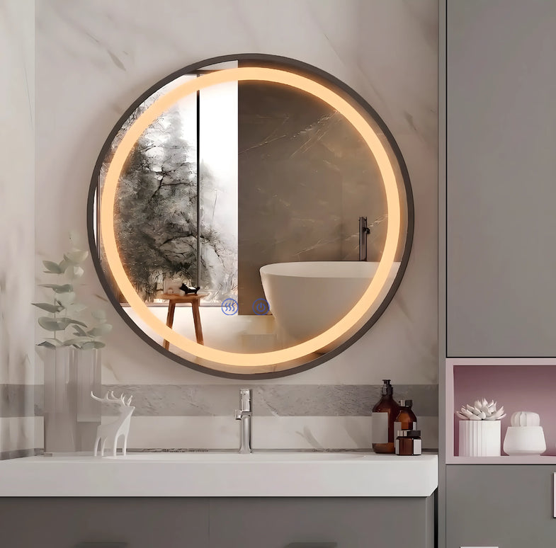 Oglindă LED Rotundă 70 cm J129 cu Ramă Neagră, Touch, Dezaburire și 3 Tipuri de Lumină
