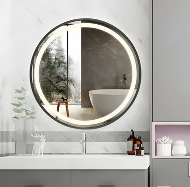 Oglindă LED Rotundă 70 cm J129 cu Ramă Neagră, Touch, Dezaburire și 3 Tipuri de Lumină