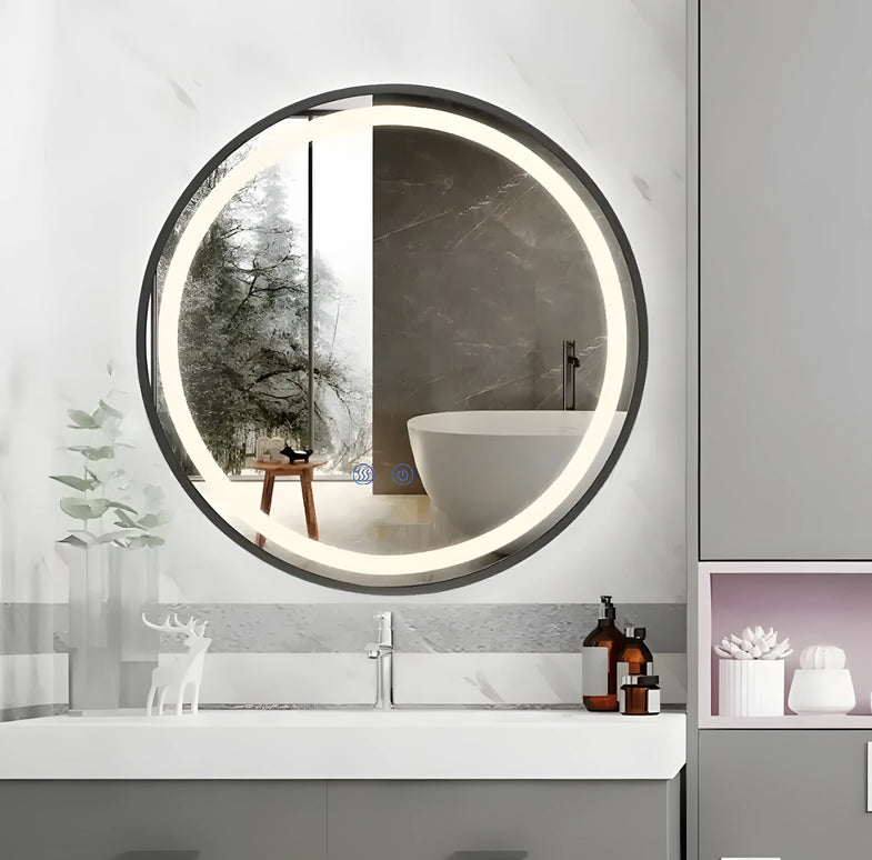 Oglindă LED Rotundă 70 cm J129 cu Ramă Neagră, Touch, Dezaburire și 3 Tipuri de Lumină