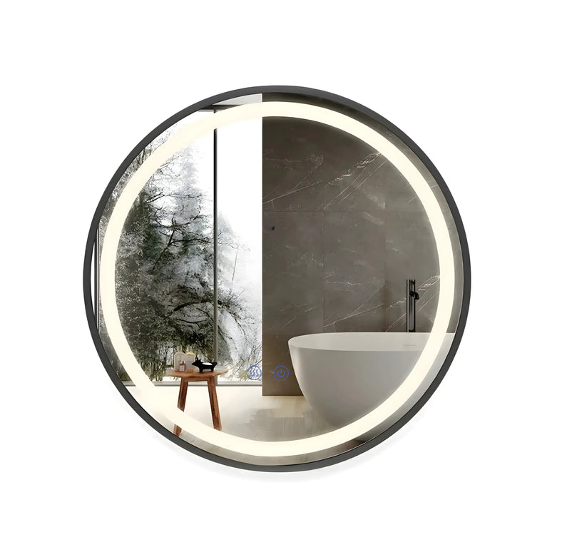 Oglindă LED Rotundă 70 cm J129 cu Ramă Neagră, Touch, Dezaburire și 3 Tipuri de Lumină
