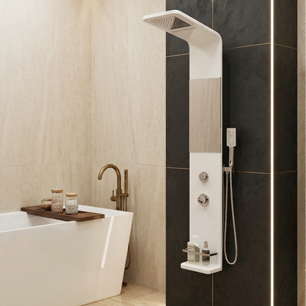Panel de Duș Modern Alb Lucios – Design Minimalist cu Duș Fix și Accesorii Incluse