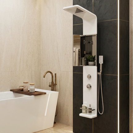 Panel de Duș Modern Alb Lucios – Design Minimalist cu Duș Fix și Accesorii Incluse