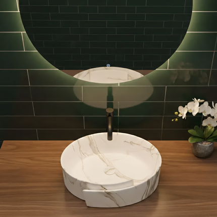 Lavoar rotund ceramic A494-P310-M – alb marmorat cu accente aurii