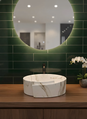 Lavoar rotund ceramic A494-P310-M – alb marmorat cu accente aurii