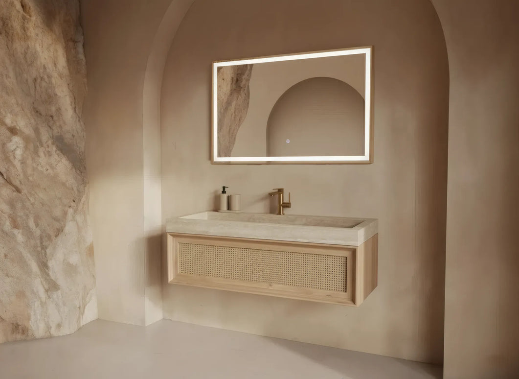 Set Mobilier Baie din Lemn Natur cu Oglindă LED – Design Modern & Premium