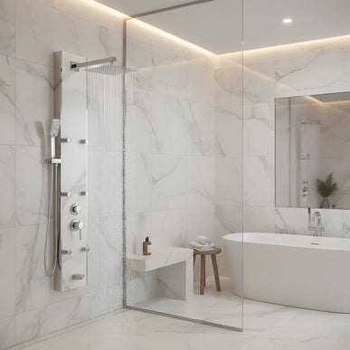 Panel de Duș Marble White – Design Premium cu Jeturi Multiple de Hidromasaj și Duș Fix