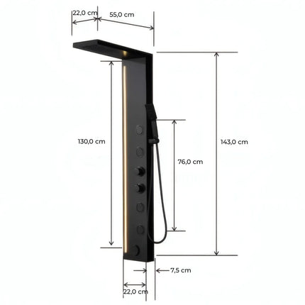 Panel de Duș Black Line – Design Modern cu Bandă Luminoasă și Funcții Multiple