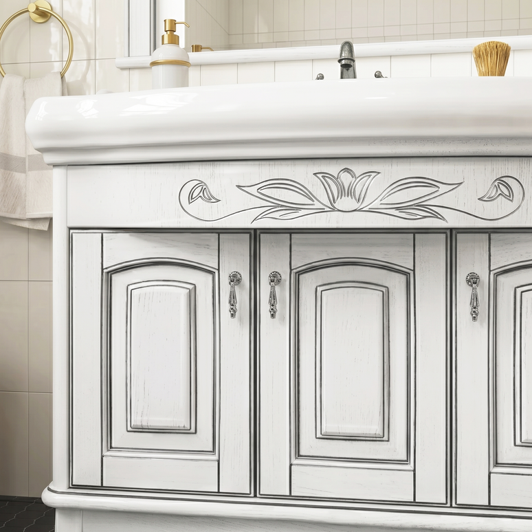 Set mobilier de baie pe pardoseală + oglindă Mikella, Alb+Crom