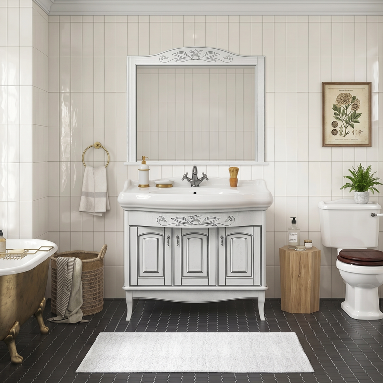 Set mobilier de baie pe pardoseală + oglindă Mikella, Alb+Crom