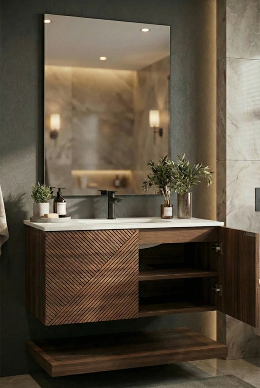 Set Mobilier Baie din Lemn cu Design Geometric & Oglindă LED – Model Premium