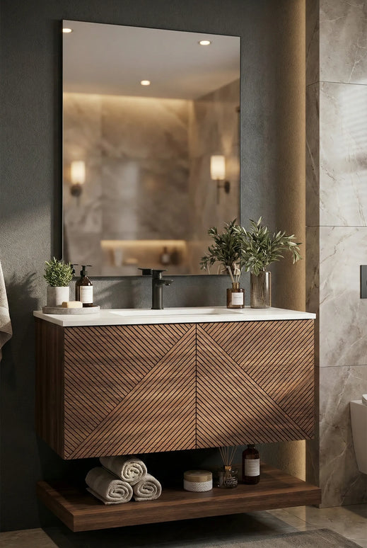 Set Mobilier Baie din Lemn cu Design Geometric & Oglindă LED – Model Premium