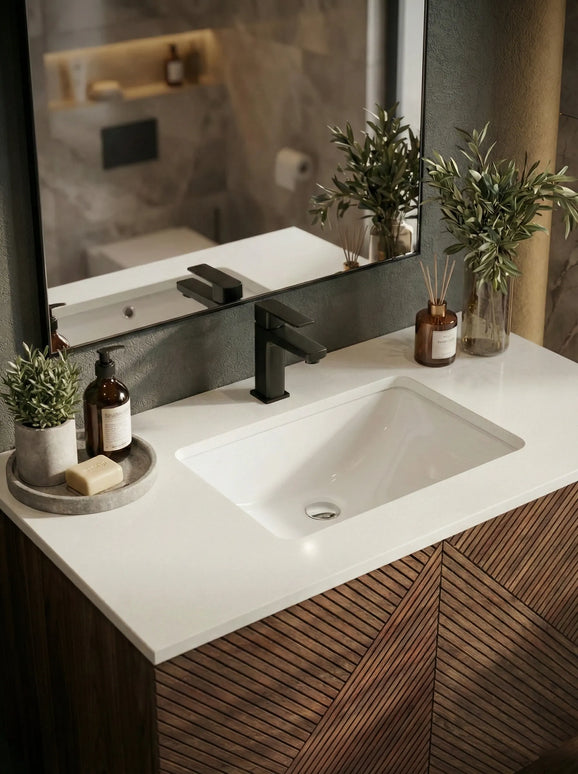 Set Mobilier Baie din Lemn cu Design Geometric & Oglindă LED – Model Premium