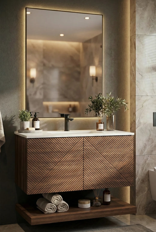 Set Mobilier Baie din Lemn cu Design Geometric & Oglindă LED – Model Premium