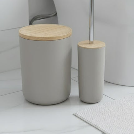 Set accesorii baie, cu accente lemnoase, SANITARY, 6 piese, bej-gri deschis mat