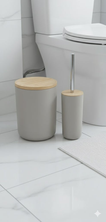 Set accesorii baie, cu accente lemnoase, SANITARY, 6 piese, bej-gri deschis mat