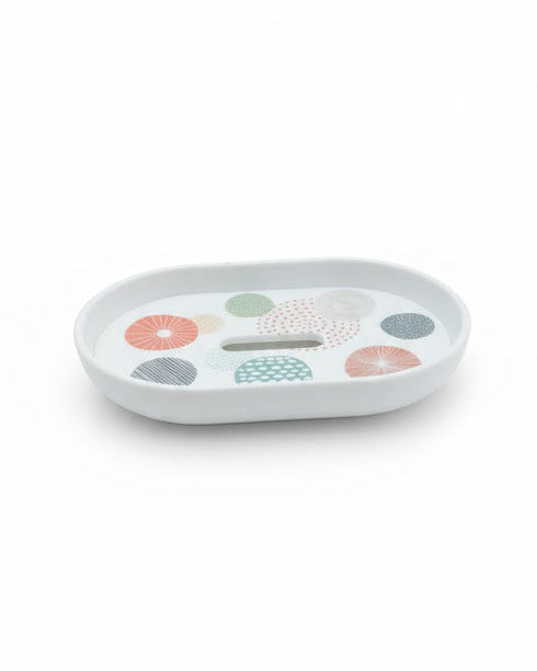 Set accesorii baie alb cu cercuri decorative, SANITARY – 6 piese, cu design geometric modern