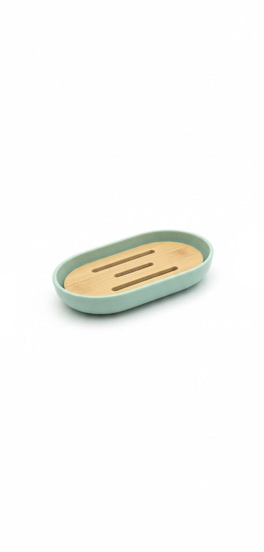 Set accesorii baie, cu accente lemnoase, SANITARY, 6 piese, menta cu detalii bej