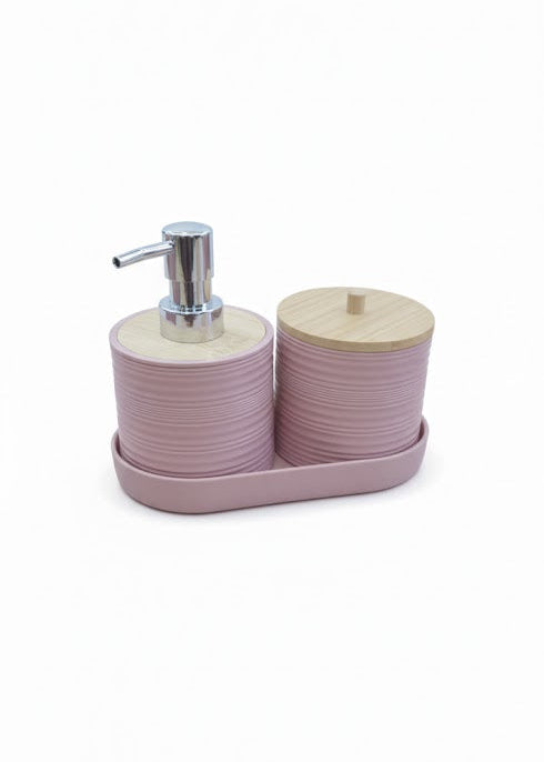 Set accesorii baie, cu accente lemnoase, SANITARY, 8 piese, roz cu detalii bej
