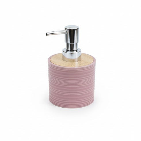 Set accesorii baie, cu accente lemnoase, SANITARY, 8 piese, roz cu detalii bej