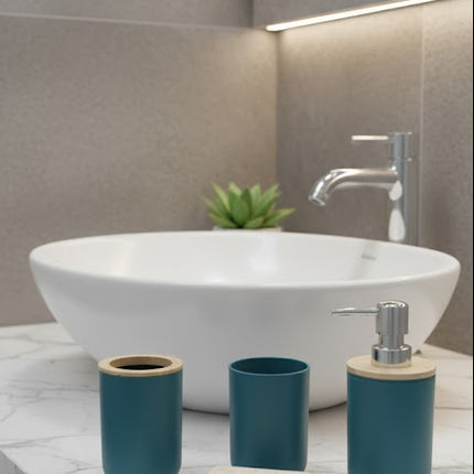 Set accesorii baie, cu accente lemnoase, SANITARY, 6 piese, turcoaz cu detalii bej deschis