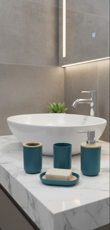 Set accesorii baie, cu accente lemnoase, SANITARY, 6 piese, turcoaz cu detalii bej deschis