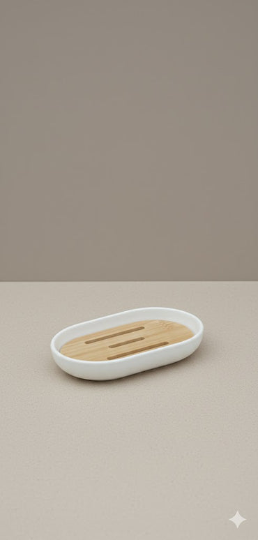 Set accesorii baie, cu accente lemnoase, SANITARY, 6 piese, alb cu detalii bej