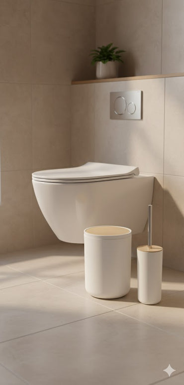 Set accesorii baie, cu accente lemnoase, SANITARY, 6 piese, alb cu detalii bej