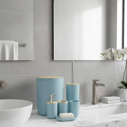 Set accesorii baie, cu accente lemnoase, SANITARY, 6 piese, albastru pastel deschis cu detalii bej