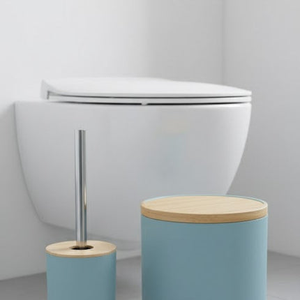 Set accesorii baie, cu accente lemnoase, SANITARY, 6 piese, albastru pastel deschis cu detalii bej