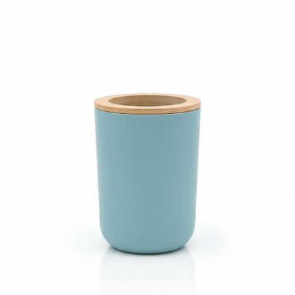 Set accesorii baie, cu accente lemnoase, SANITARY, 6 piese, albastru pastel deschis cu detalii bej