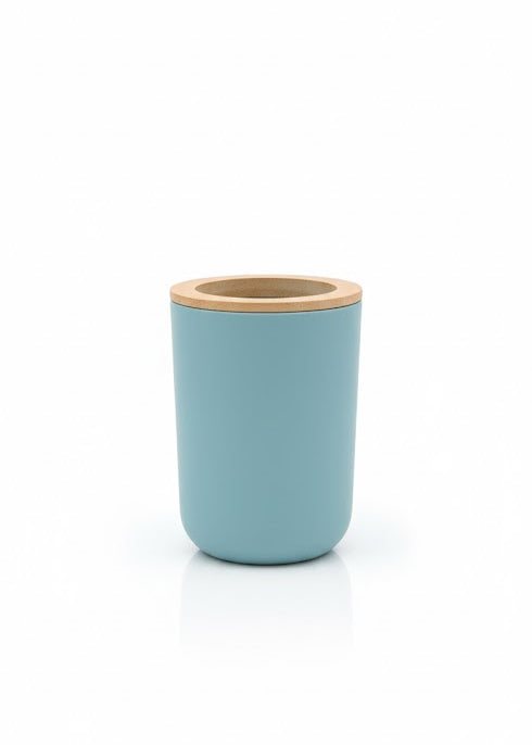 Set accesorii baie, cu accente lemnoase, SANITARY, 6 piese, albastru pastel deschis cu detalii bej