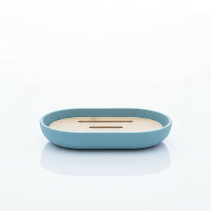 Set accesorii baie, cu accente lemnoase, SANITARY, 6 piese, albastru pastel deschis cu detalii bej
