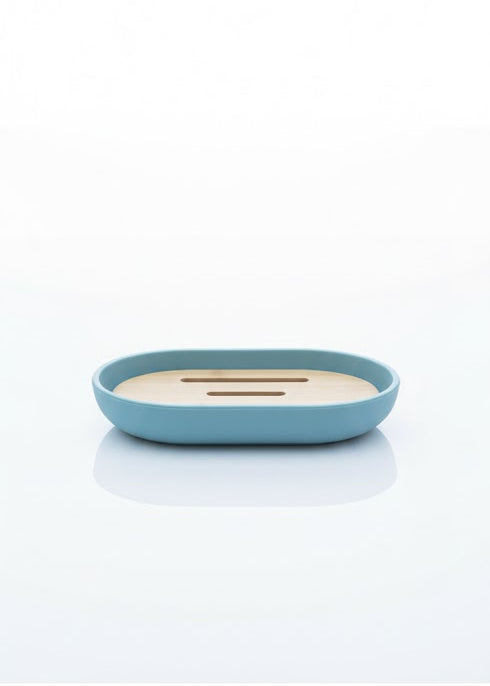 Set accesorii baie, cu accente lemnoase, SANITARY, 6 piese, albastru pastel deschis cu detalii bej