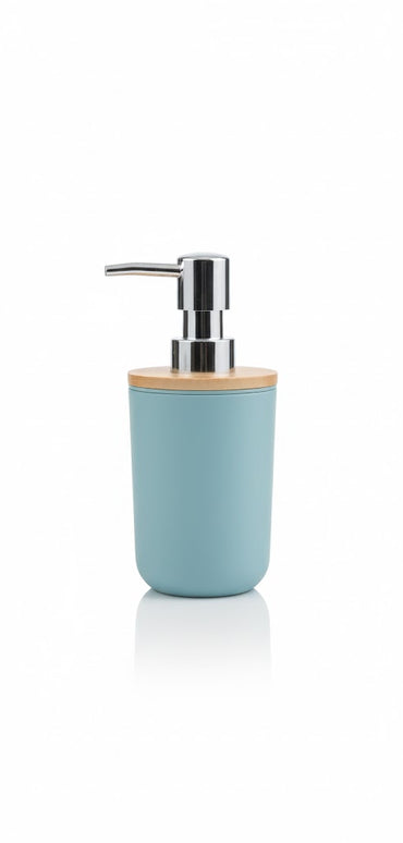 Set accesorii baie, cu accente lemnoase, SANITARY, 6 piese, albastru pastel deschis cu detalii bej