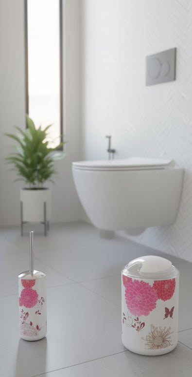 Set accesorii baie alb "Floral Harmony", SANITARY – 6 piese, cu imprimeu floral roz